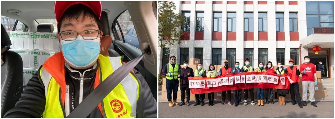 左圖：10輛轎車后座和后備箱堆滿了菜，出發送給社區；右圖：各位志愿者協助接收消毒防護物資